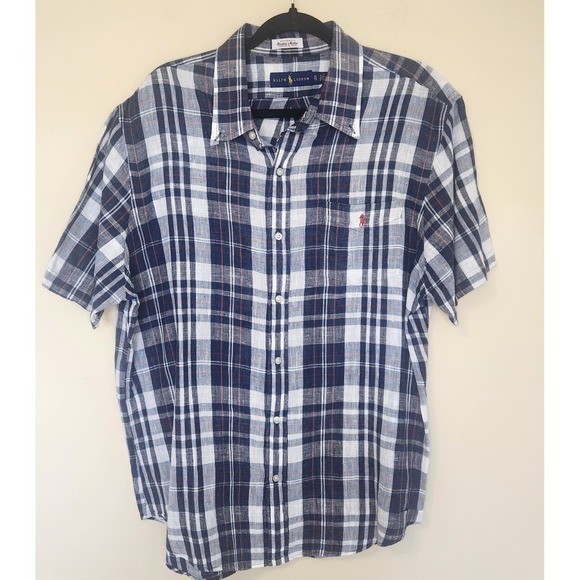 Ralph Lauren Mens XL Bleeding Indian Madras Plaid Short Sleeve Button Shirt Blue - Picture 2 of 7